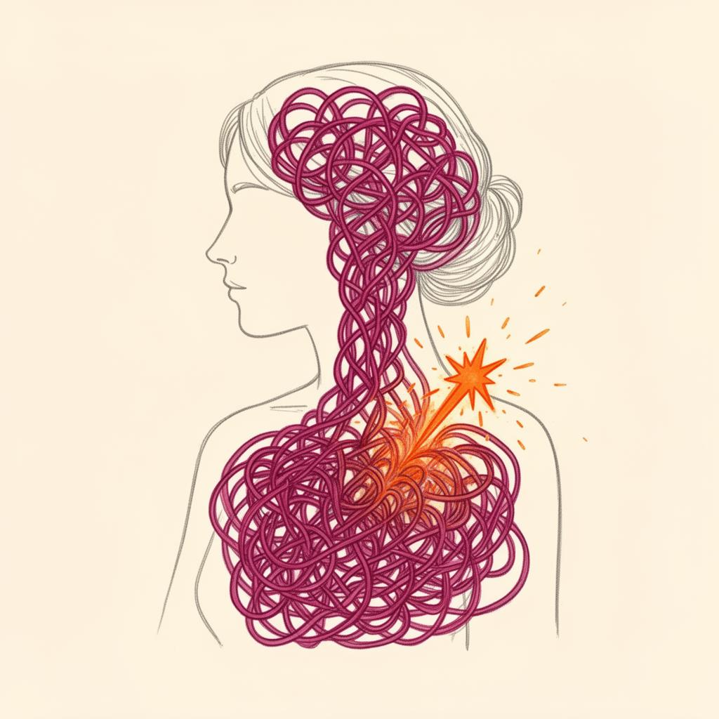 Illustration of tangled subconscious patterns being released by a spark of clarity